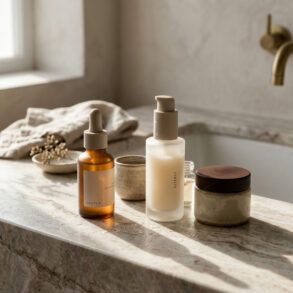 Frascos minimalistas de cosmética y texturas hidratantes sobre un tocador elegante con luz natural matutina.