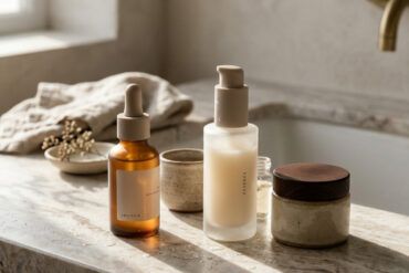 Frascos minimalistas de cosmética y texturas hidratantes sobre un tocador elegante con luz natural matutina.