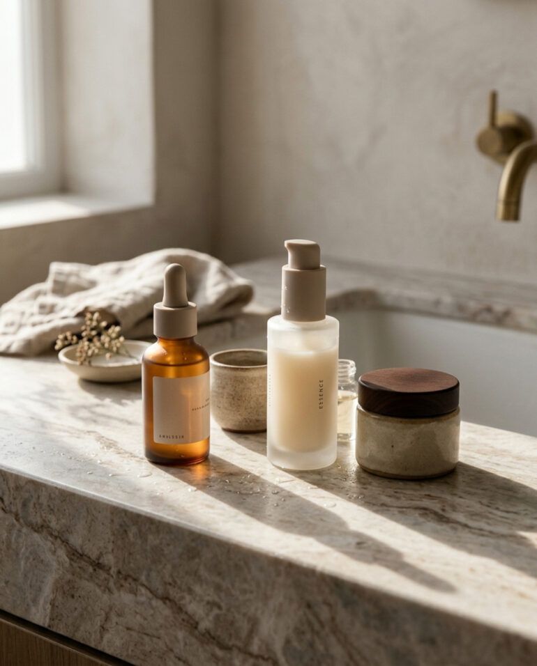 Frascos minimalistas de cosmética y texturas hidratantes sobre un tocador elegante con luz natural matutina.