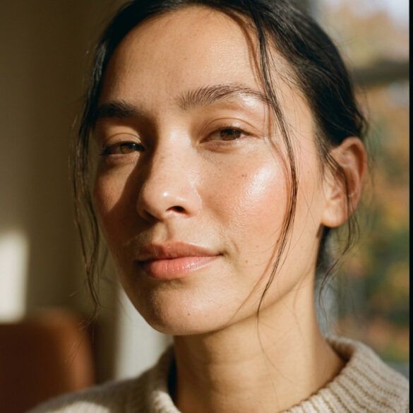 Primer plano de rostro femenino con piel luminosa y cuidada, iluminado por luz solar suave otoñal.