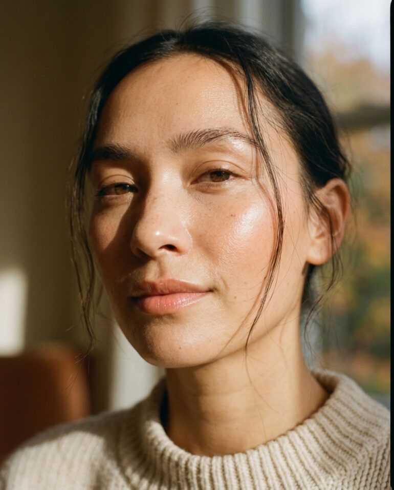 Primer plano de rostro femenino con piel luminosa y cuidada, iluminado por luz solar suave otoñal.