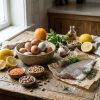 Bodegón de alimentos frescos y ricos en proteína sobre una mesa de cocina rústica bañada por luz natural