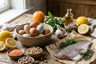 Bodegón de alimentos frescos y ricos en proteína sobre una mesa de cocina rústica bañada por luz natural