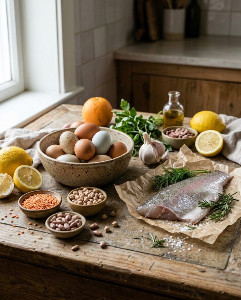 Bodegón de alimentos frescos y ricos en proteína sobre una mesa de cocina rústica bañada por luz natural