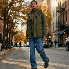 Look urbano de street style con chaqueta técnica utilitaria y pantalones vaqueros con refuerzo en la rodilla.