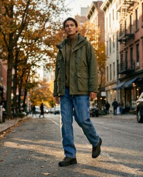 Look urbano de street style con chaqueta técnica utilitaria y pantalones vaqueros con refuerzo en la rodilla.