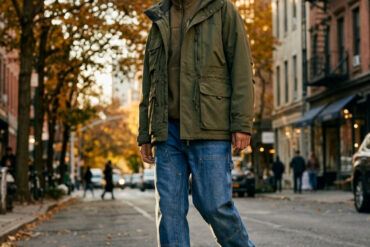 Look urbano de street style con chaqueta técnica utilitaria y pantalones vaqueros con refuerzo en la rodilla.