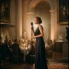 Cantante con vestido de gala elegante actuando en un escenario minimalista con luz cálida e íntima.