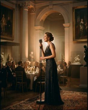 Cantante con vestido de gala elegante actuando en un escenario minimalista con luz cálida e íntima.