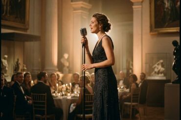 Cantante con vestido de gala elegante actuando en un escenario minimalista con luz cálida e íntima.