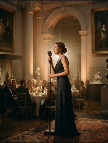 Cantante con vestido de gala elegante actuando en un escenario minimalista con luz cálida e íntima.