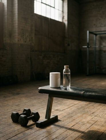 Bote de suplemento deportivo junto a una botella de agua y mancuernas en un gimnasio iluminado por luz matinal.