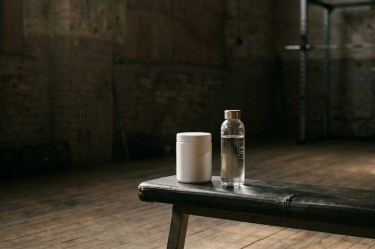 Bote de suplemento deportivo junto a una botella de agua y mancuernas en un gimnasio iluminado por luz matinal.