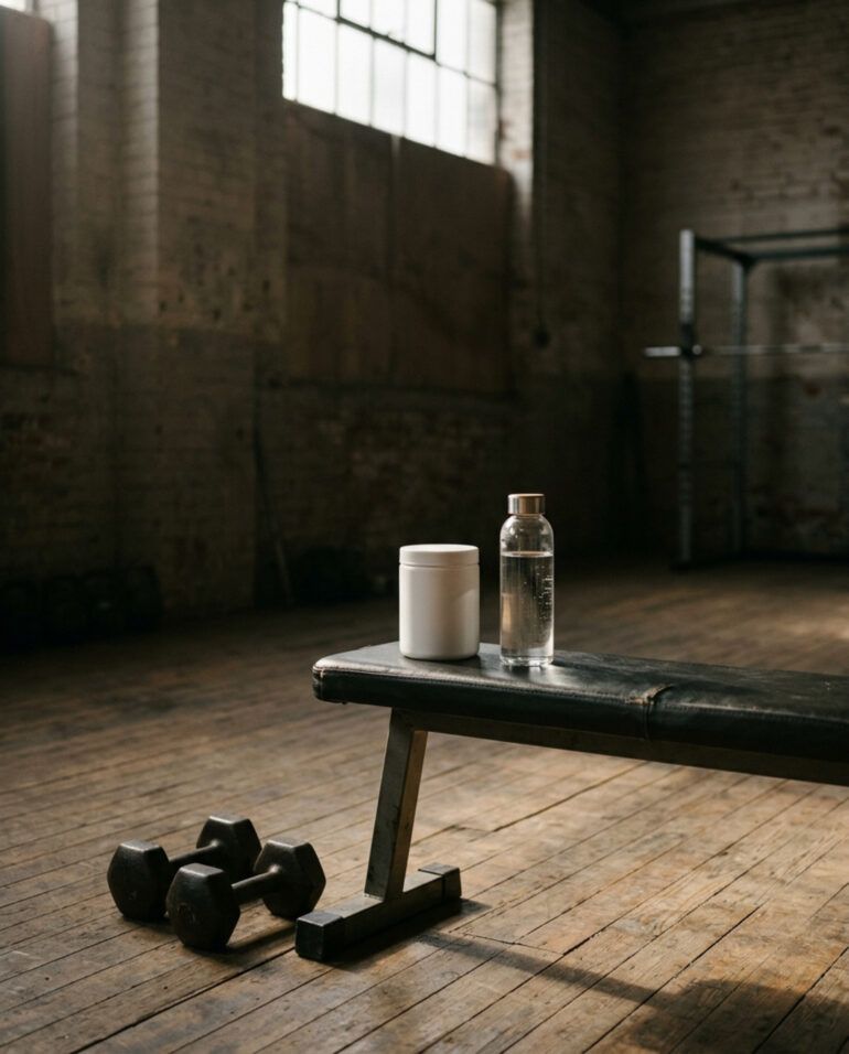 Bote de suplemento deportivo junto a una botella de agua y mancuernas en un gimnasio iluminado por luz matinal.