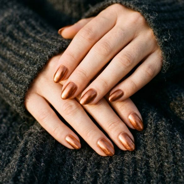 Manicura con uñas efecto cobre brillante apoyada sobre tejido de punto oscuro.