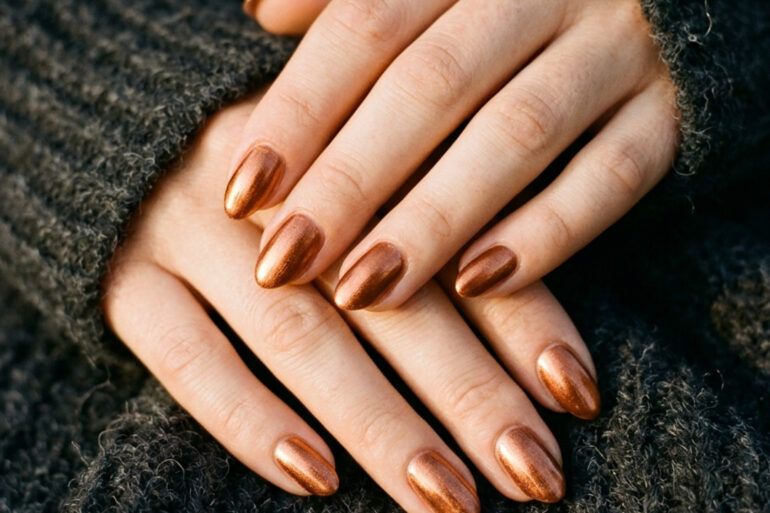 Manicura con uñas efecto cobre brillante apoyada sobre tejido de punto oscuro.