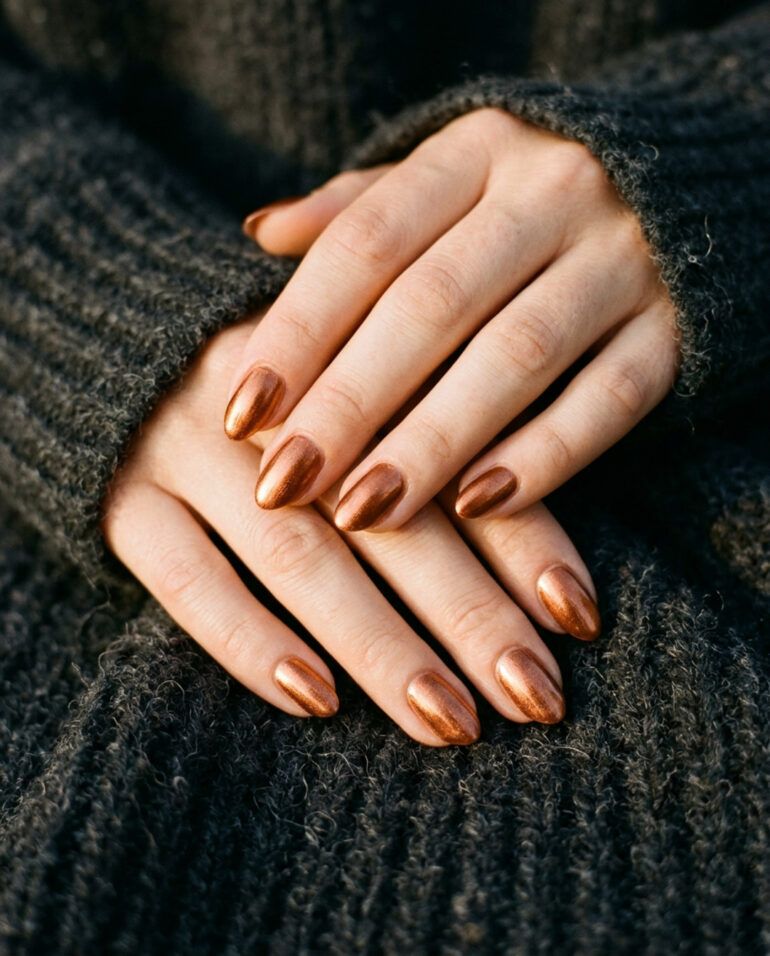 Manicura con uñas efecto cobre brillante apoyada sobre tejido de punto oscuro.