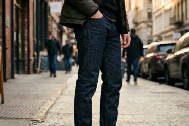Detalle de bajo de vaqueros selvedge doblados mostrando el orillo tradicional sobre el asfalto de la ciudad
