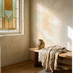 Interior contemporáneo con ventanal de vidriera artesanal en tonos ámbar proyectando reflejos dorados sobre la pared