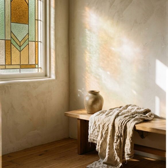 Interior contemporáneo con ventanal de vidriera artesanal en tonos ámbar proyectando reflejos dorados sobre la pared