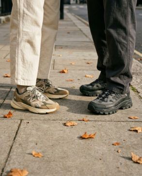 Primer plano de zapatillas urbanas de diseño con texturas y suelas gruesas sobre el pavimento de la ciudad.