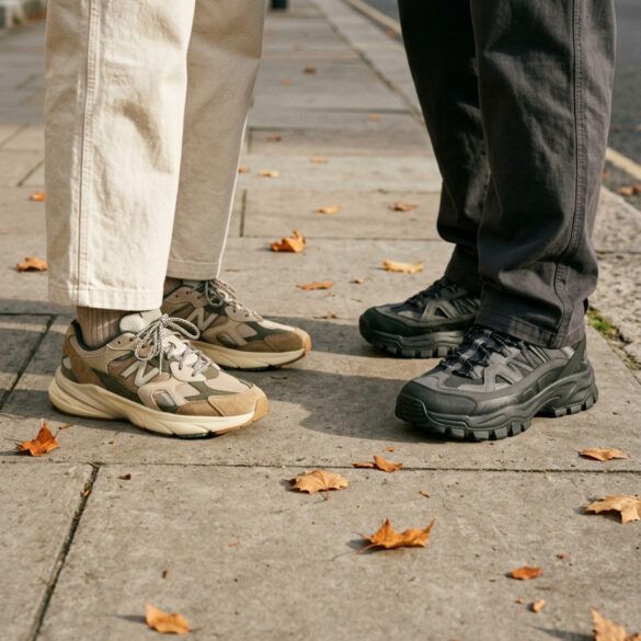 Primer plano de zapatillas urbanas de diseño con texturas y suelas gruesas sobre el pavimento de la ciudad.