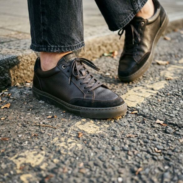 Zapatillas urbanas de cuero negro sobre el asfalto de la ciudad con luz natural