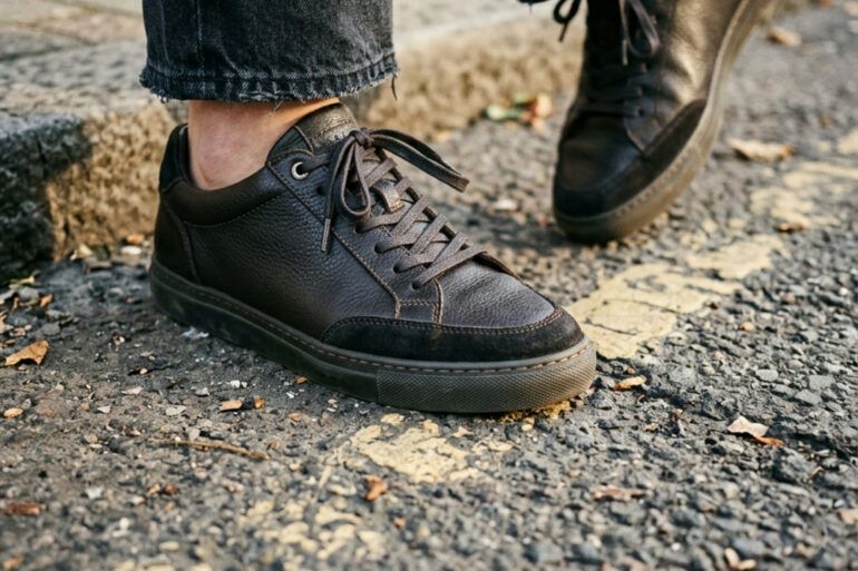 Zapatillas urbanas de cuero negro sobre el asfalto de la ciudad con luz natural