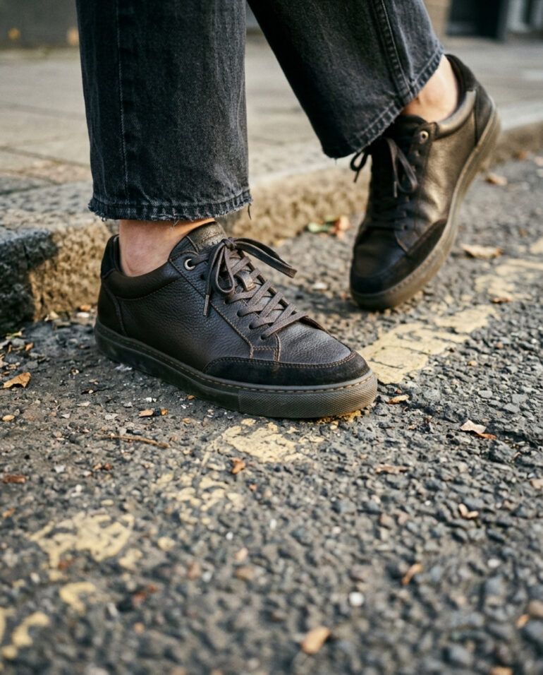 Zapatillas urbanas de cuero negro sobre el asfalto de la ciudad con luz natural