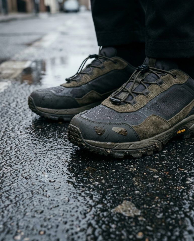 Detalle de zapatillas urbanas técnicas sobre suelo de asfalto mojado en la ciudad