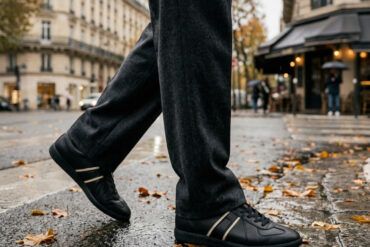 Zapatillas urbanas de piel negra y crema en un look otoñal sobre el pavimento de una avenida cosmopolita.
