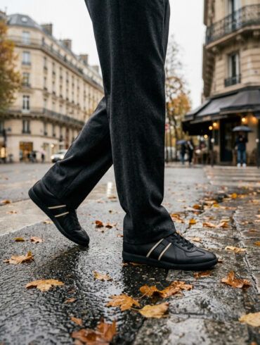 Zapatillas urbanas de piel negra y crema en un look otoñal sobre el pavimento de una avenida cosmopolita.