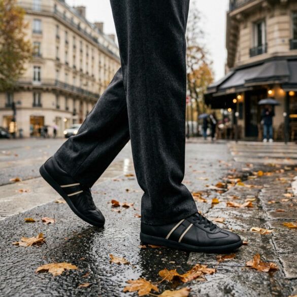 Zapatillas urbanas de piel negra y crema en un look otoñal sobre el pavimento de una avenida cosmopolita.